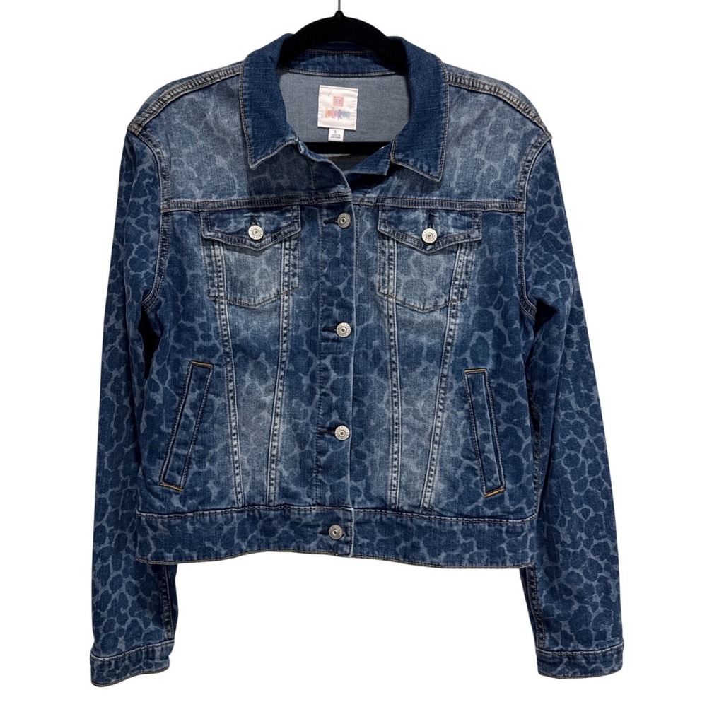 LuLaRoe Blue Leopard Print Denim Jacket Womens Large Animal Print Trucker Coat